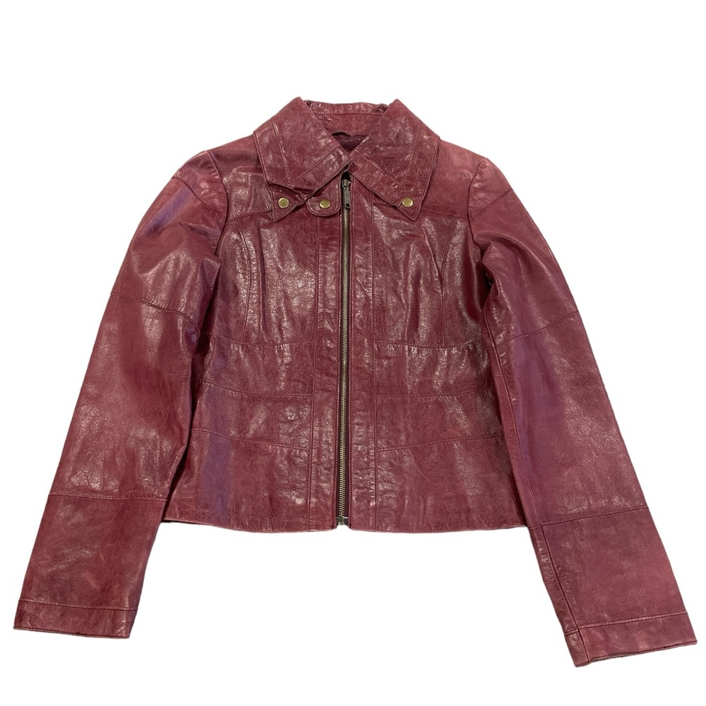 Arden B Leather Zip Front Snap Down Collar Distressed Burgundy Jacket Size L - Picture 2 of 13